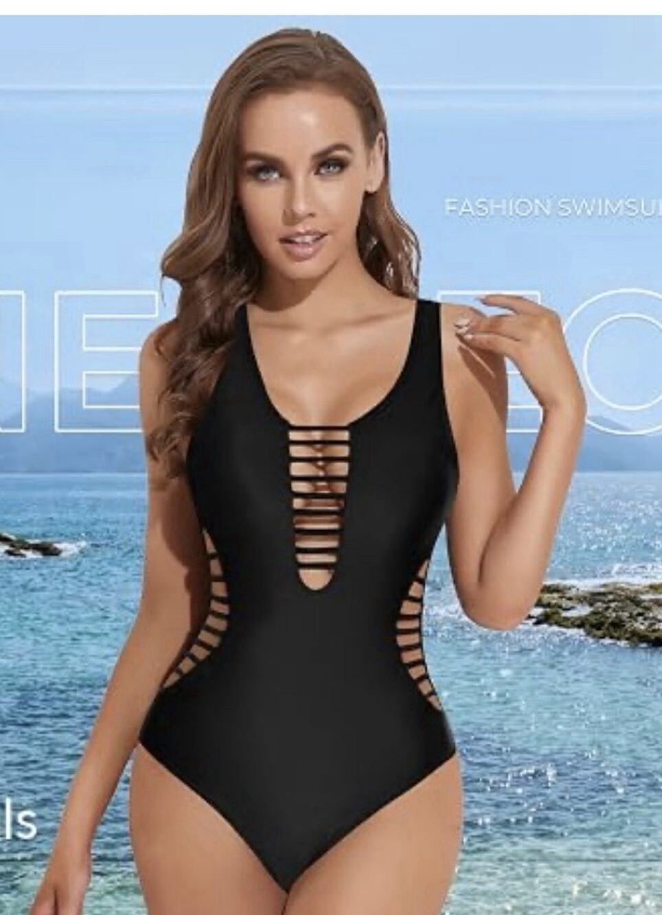 Aqua Eve Womens Black Strappy Cutout Plunge One Piece Swimsuit Size L NWT Sexy